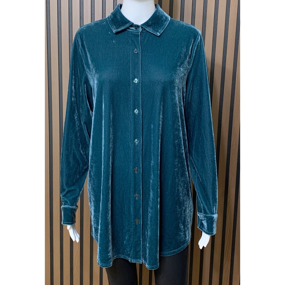 Soft Surroundings Women's Teal Blue Velvet Button Down Tunic Shirt M Lagenlook